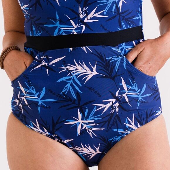 NWT: POCKETS! Full Coverage One Piece Swimsuit in Blue Palm - Picture 11 of 16